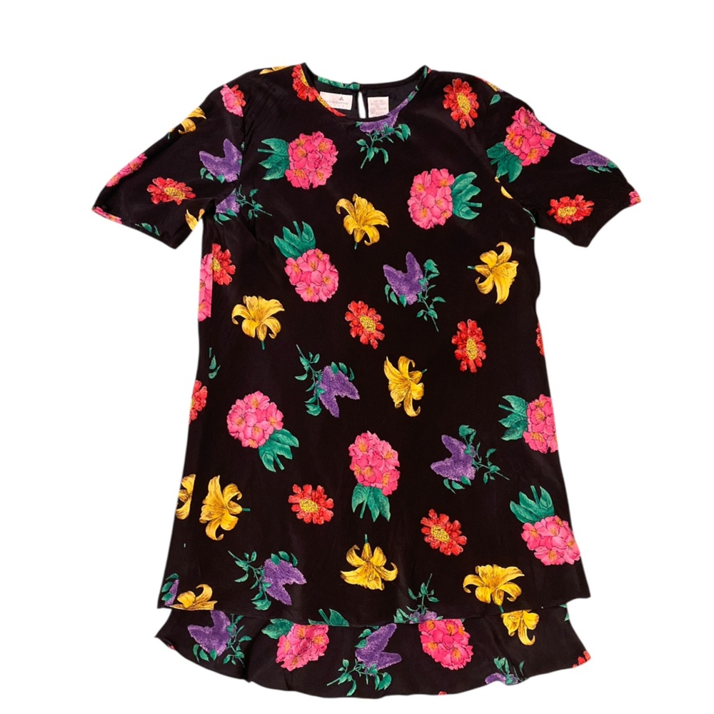Vintage Liz Claiborne Black Floral Ruffle Hem Dress Short Sleeve Size 12 - Picture 9 of 12